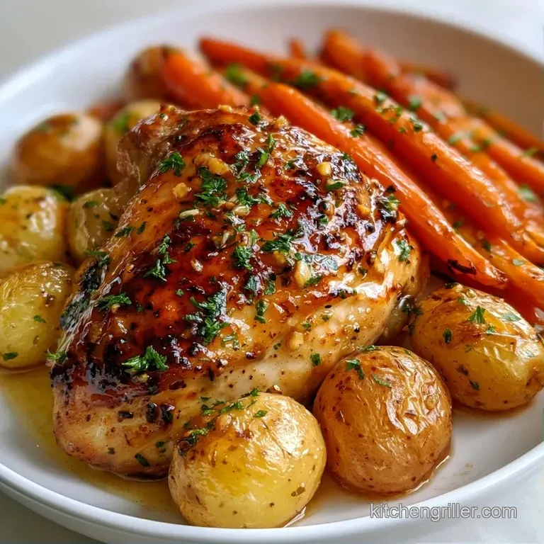 A plated portion of juicy roasted chicken and colorful carrots garnished with fresh parsley on a white ceramic plate.