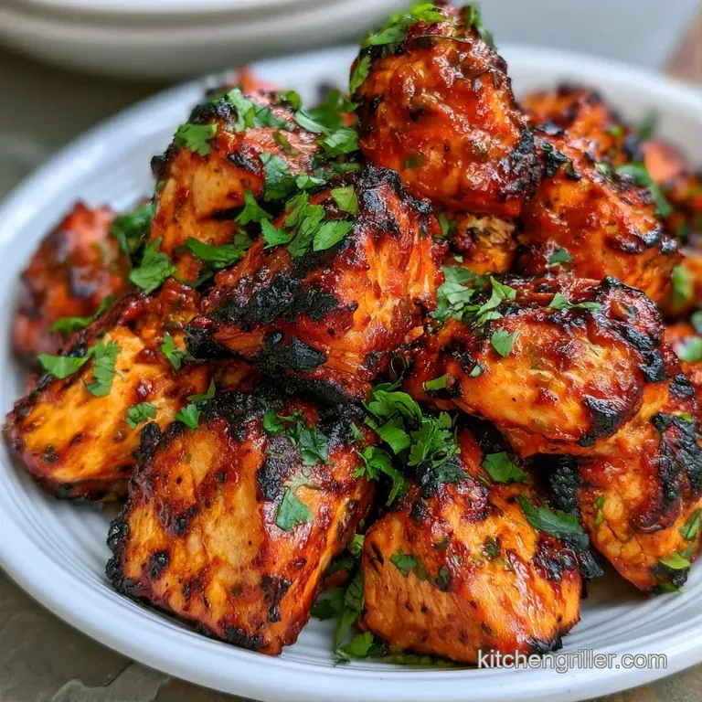 Six vibrant orange chicken skewers arranged on a slate board with sliced red onions and a wedge of fresh lime.