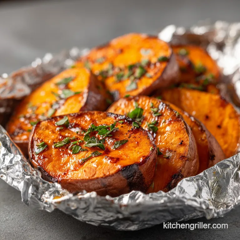 Elegant grilled sweet potato wedges, arranged on a white plate with sprigs of rosemary, light glistening off caramelized s...