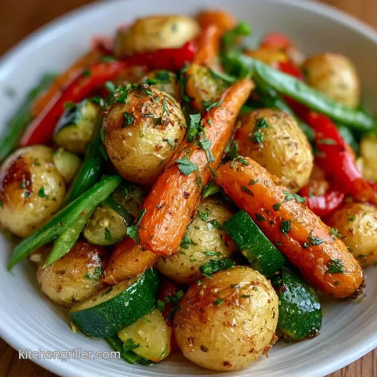 Vibrant medley of tender-crisp roasted vegetables spilling from a silver foil pouch onto a dark ceramic plate.