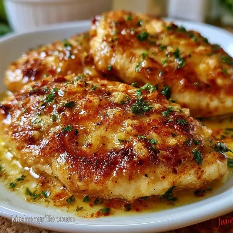 Seared golden chicken breast slices on a white plate, drizzled with glistening butter and sprinkled with parsley.