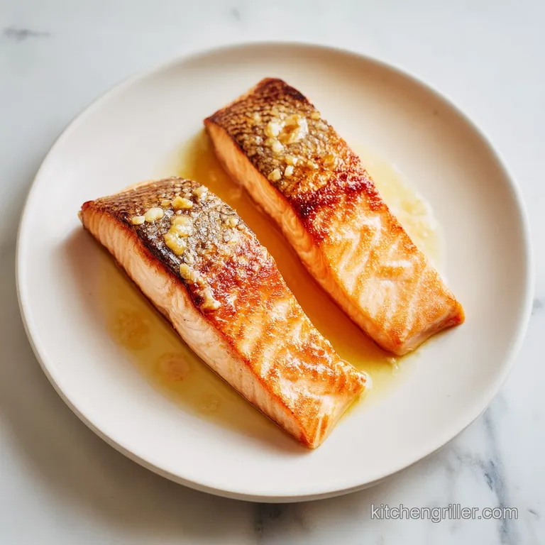 Four golden-seared salmon fillets on a white ceramic platter with bright lemon slices and fresh herb sprigs.