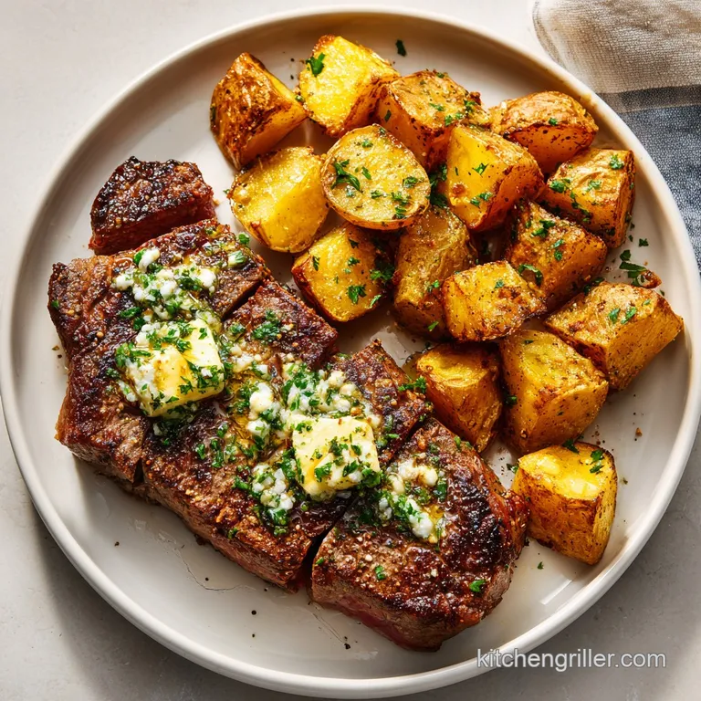 Tender, golden-brown steak bites artfully arranged with a drizzle of garlic butter and vibrant green herbs.