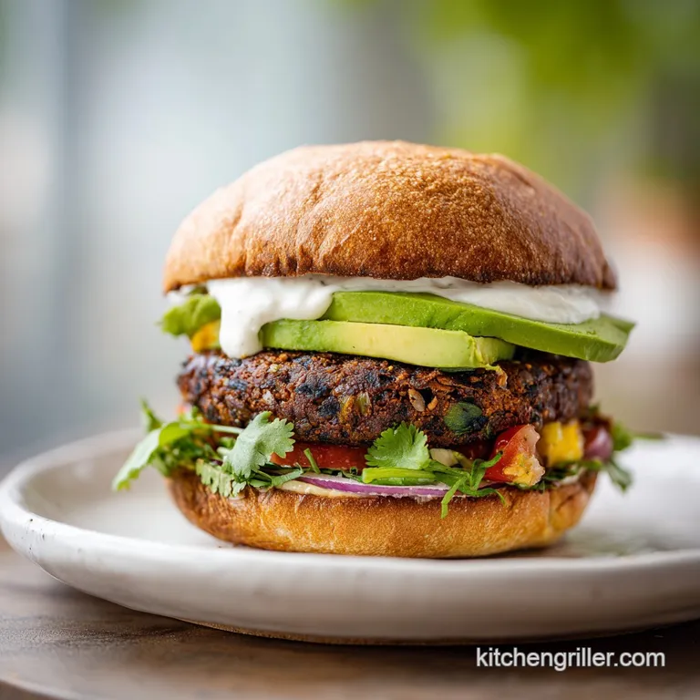 Single black bean burger on a sesame seed bun. Crisp lettuce, juicy tomato slice, and vibrant red onion create an inviting...