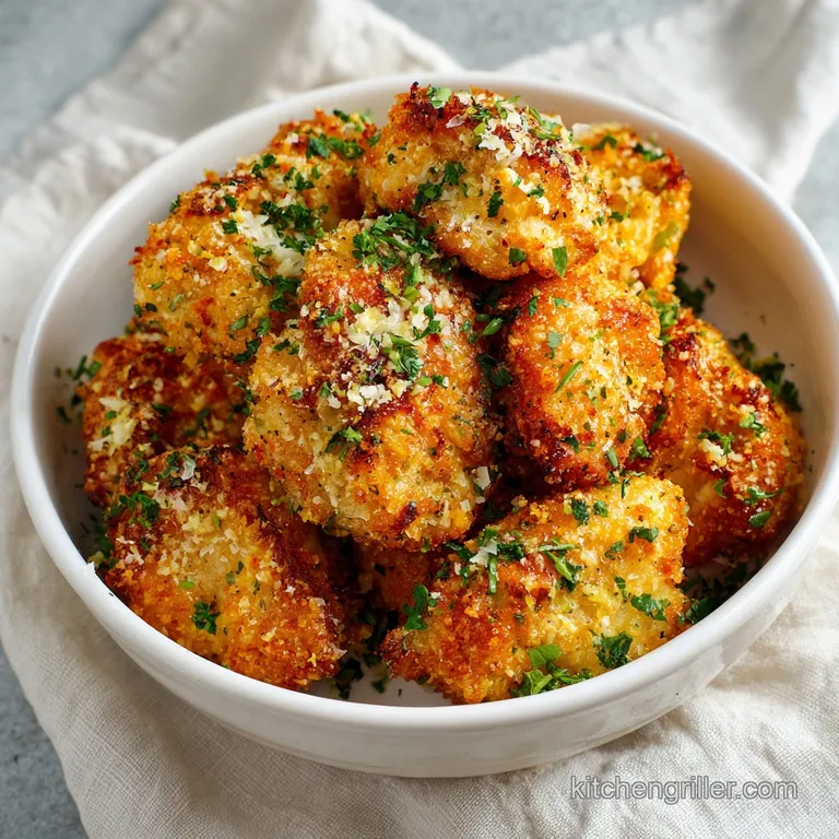 Plump chicken bites arranged elegantly on a white plate, drizzled with creamy sauce and sprinkled with green herbs.