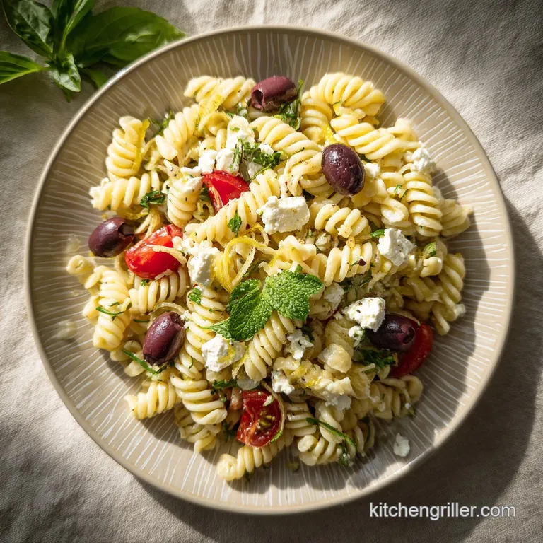 A bright and inviting serving of Greek pasta salad, topped with crumbled feta and fresh herbs, ready to enjoy on a sunny t...