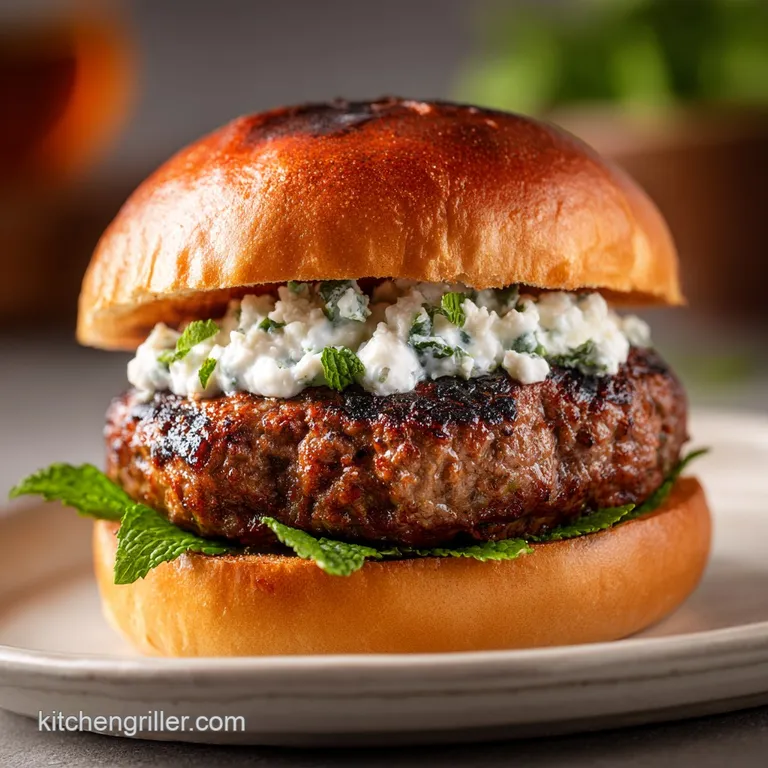 Grilled lamb burger, oozing feta, artfully arranged with crisp lettuce and ripe tomato on a rustic wooden board. Delicious...