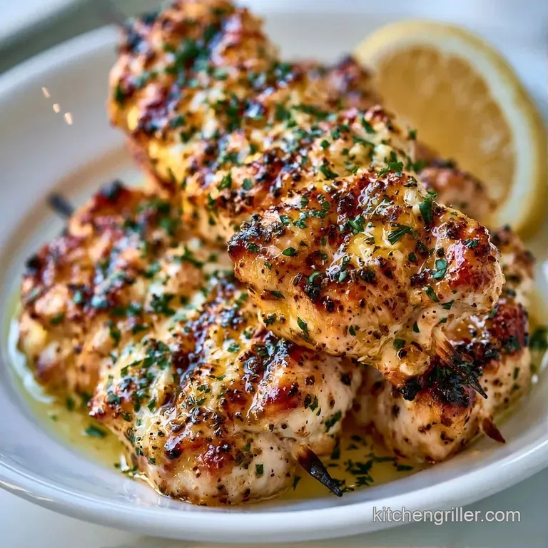 Golden grilled skewers on a rustic platter with a side of thick white dip, lemon wedges, and colorful bell peppers.