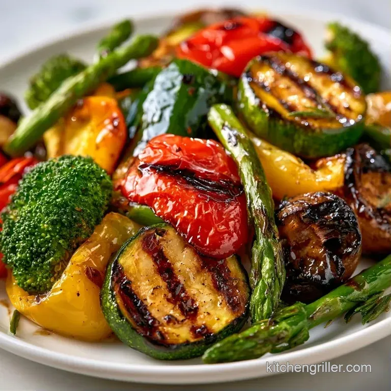 A colorful medley of charred summer vegetables arranged on a white platter, topped with flakes of sea salt.