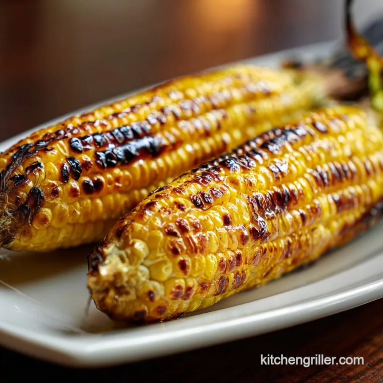 Perfectly grilled corn with bright yellow kernels, seasoned and presented artfully on a wooden platter with colorful napkins.