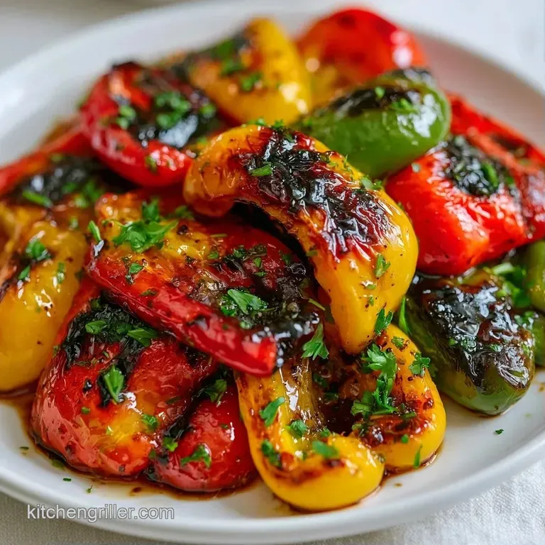 Elegantly plated charred pepper strips with a glossy sheen, garnished with minced garlic and fresh parsley.