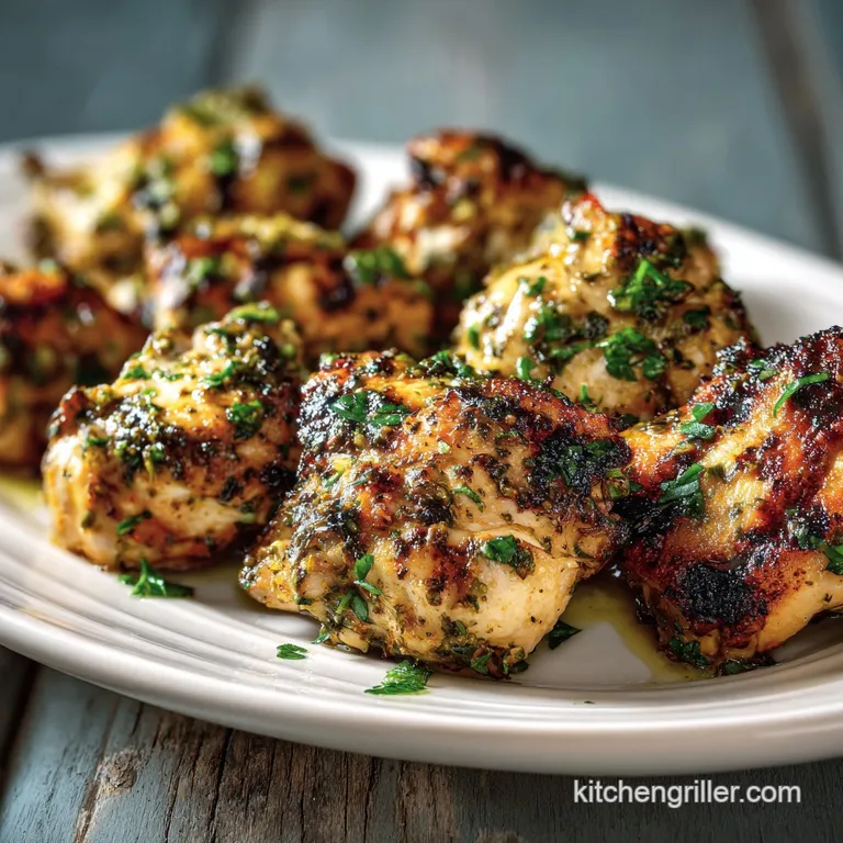 Grilled chicken thigh atop creamy polenta, garnished with bright green parsley. Juices pool, promising savory tenderness. ...