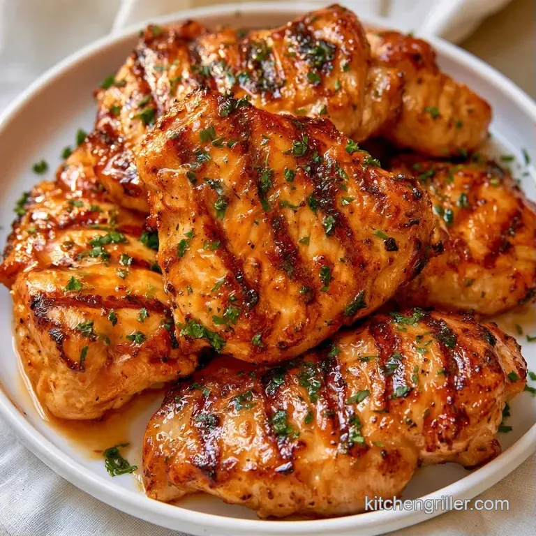Sliced golden-brown chicken thighs neatly arranged with steamed asparagus and a drizzle of bright lemon butter