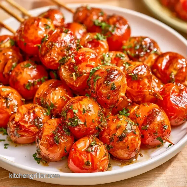 Vibrant red charred tomatoes on wooden picks, garnished with fresh green basil on a white porcelain plate.