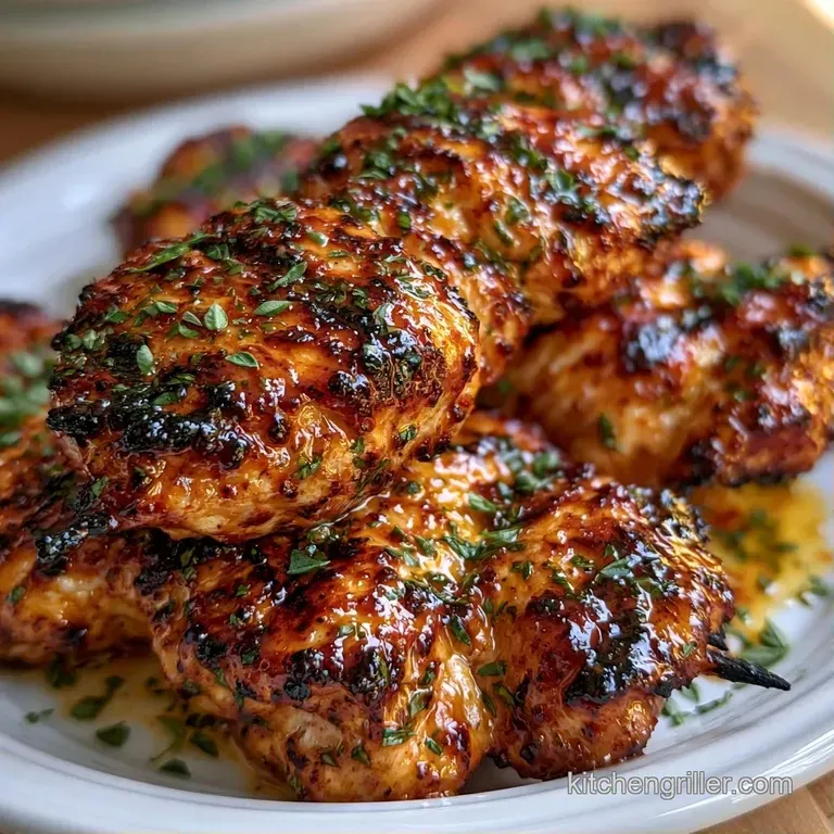 Several skewers of charred meat and colorful vegetables resting on a rustic wooden platter with fresh parsley.