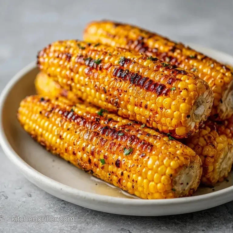 Bright yellow corn ears with dark grill marks, garnished with chopped cilantro and lime wedges on a white plate.