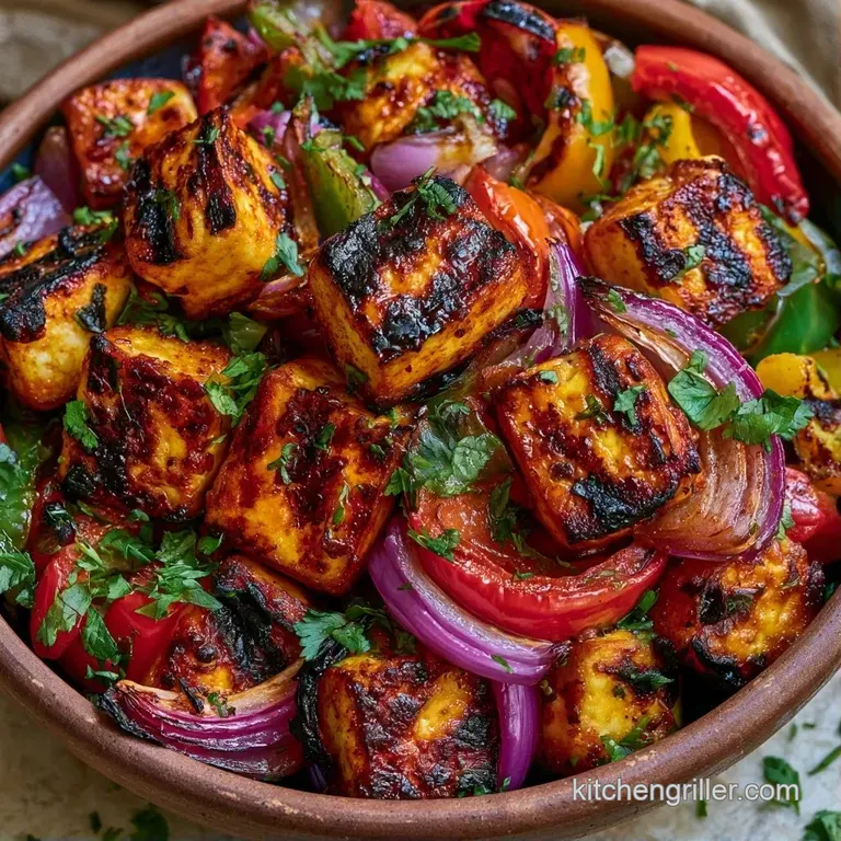 Symmetrical arrangement of seared cheese cubes and colorful roasted peppers on a sleek white ceramic dinner plate.