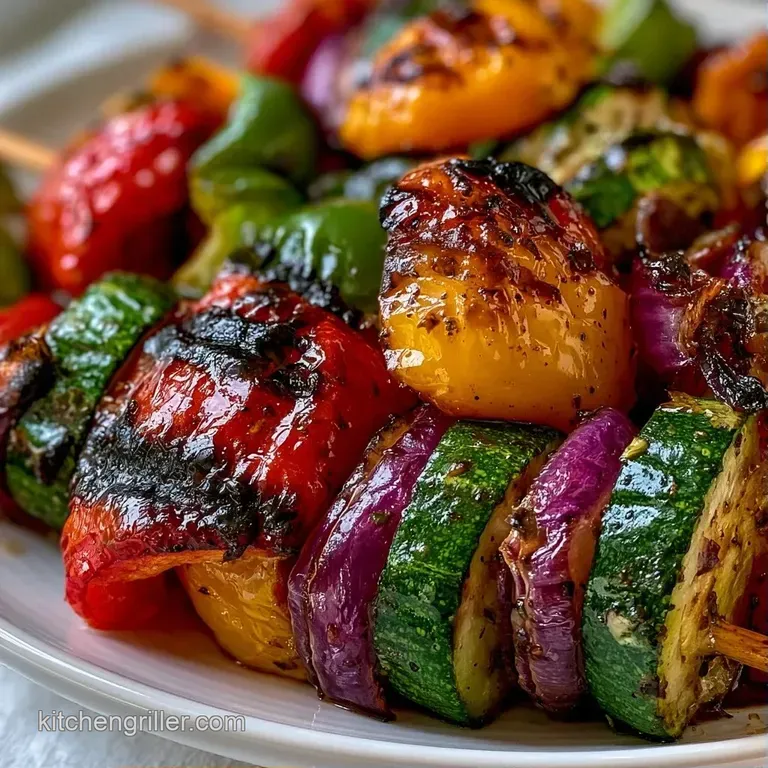Colorful charred vegetable skewers arranged neatly on a white ceramic plate with a garnish of fresh parsley.
