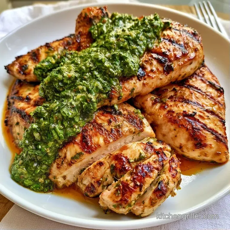 Slices of juicy grilled meat topped with bright green pesto, paired with roasted asparagus on a modern slate plate.