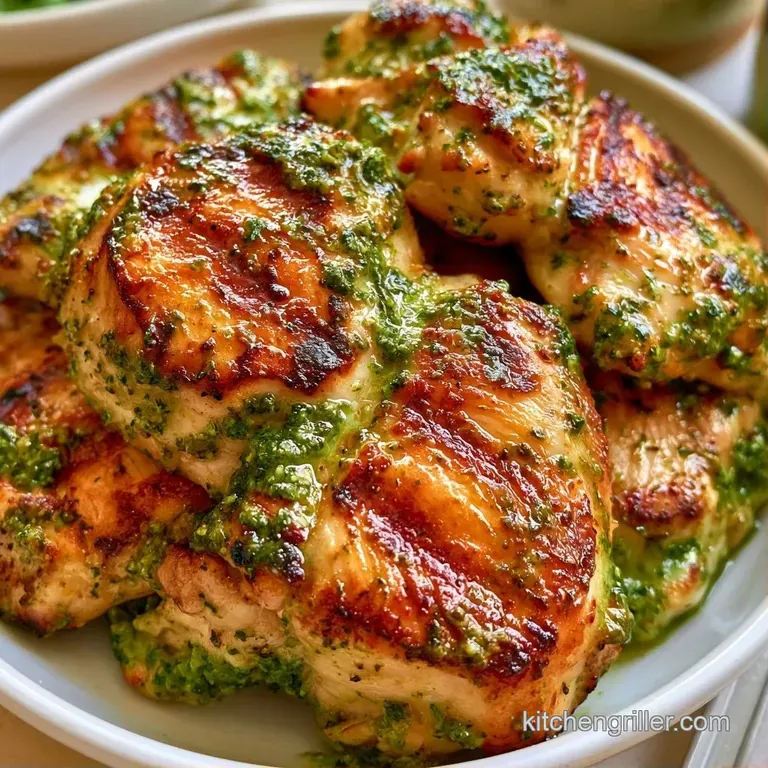 Juicy grilled poultry glazed in bright green pesto, served with roasted baby carrots on a minimalist slate plate.