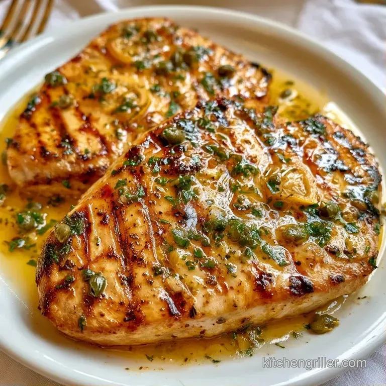 Thick grilled fish steak resting on vibrant wilted spinach with a golden lemon butter drizzle and fresh parsley.
