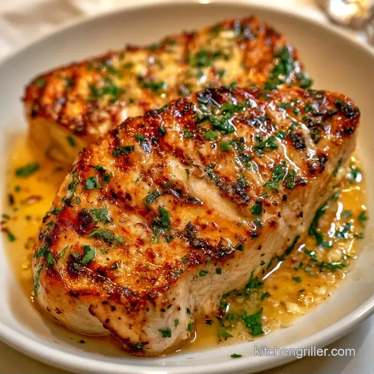 A thick, grilled fish fillet with dark sear lines served beside roasted asparagus and a bright yellow lemon wedge.