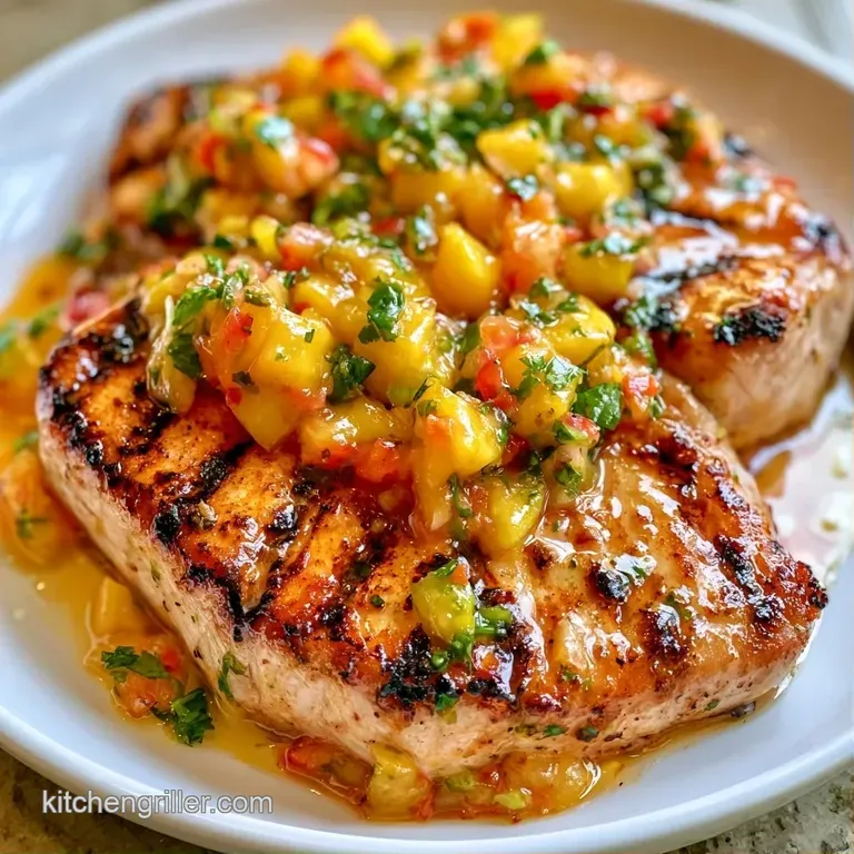 Charred white fish steaks on a platter with a colorful heap of diced mango, red onion, and a lime wedge on the side.