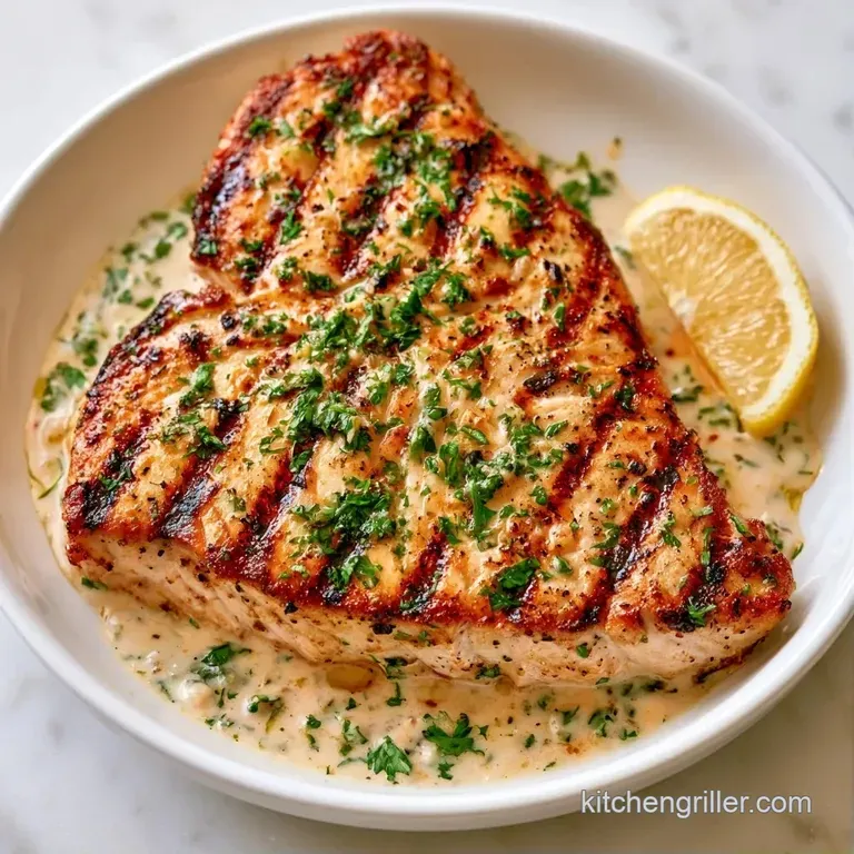 Searing charred fish fillet centered on a ceramic plate with elegant swirls of white sauce and microgreens.