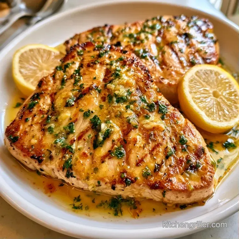 Seared white fish steak on a white ceramic plate, drizzled with melted herb butter and garnished with fresh lemon slices.