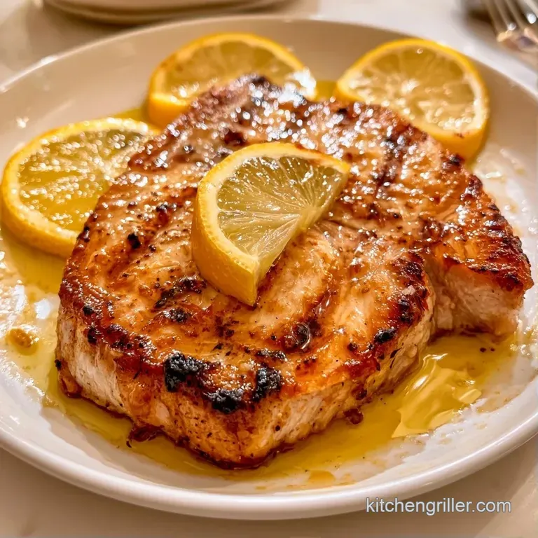 Perfectly seared fish steaks arranged on a platter with charred lemon halves and sprigs of fresh green parsley.