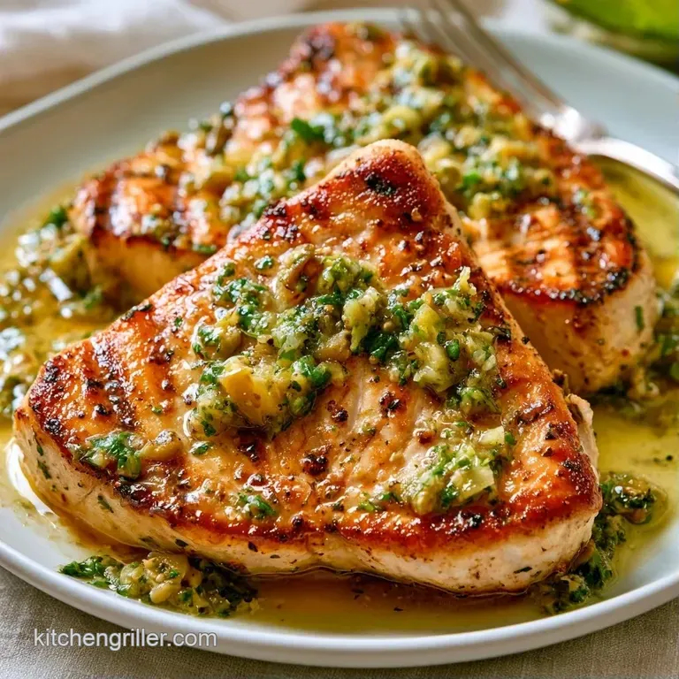 Elegant white platter featuring seared fish fillets topped with zesty olive salsa and a fresh lemon wedge slice.