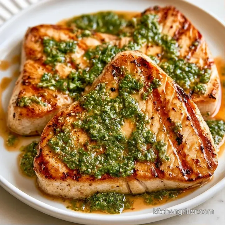 Seared white fish steaks topped with bright green basil oil, served alongside charred lemon and fresh microgreens.