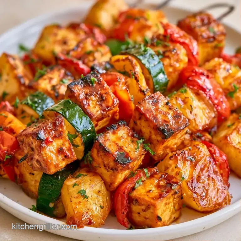 Three skewers of seared tofu and colorful vegetables resting on a matte black platter with a drizzle of sauce.