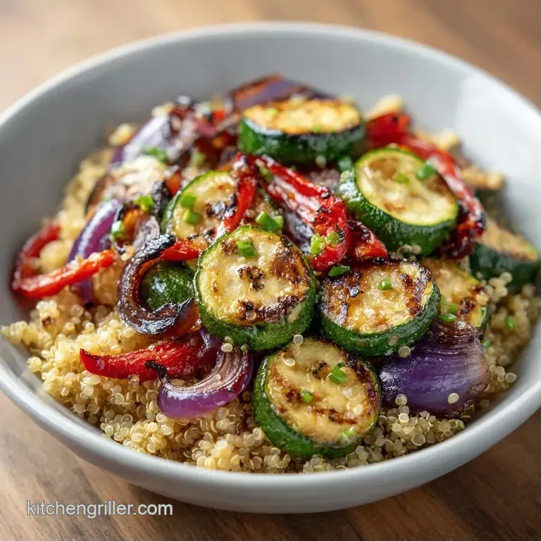 A colorful arrangement of seared seasonal vegetables and grains topped with a creamy drizzle and fresh herbs.