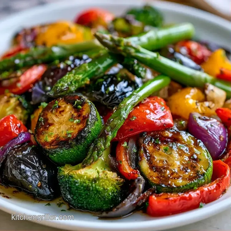 A vibrant medley of charred summer vegetables drizzled with a dark, glossy glaze on a modern ceramic plate.