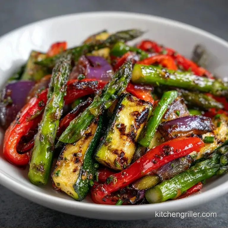 Neatly arranged rainbow of charred vegetables on a white platter, glistening with olive oil and fresh green herbs.