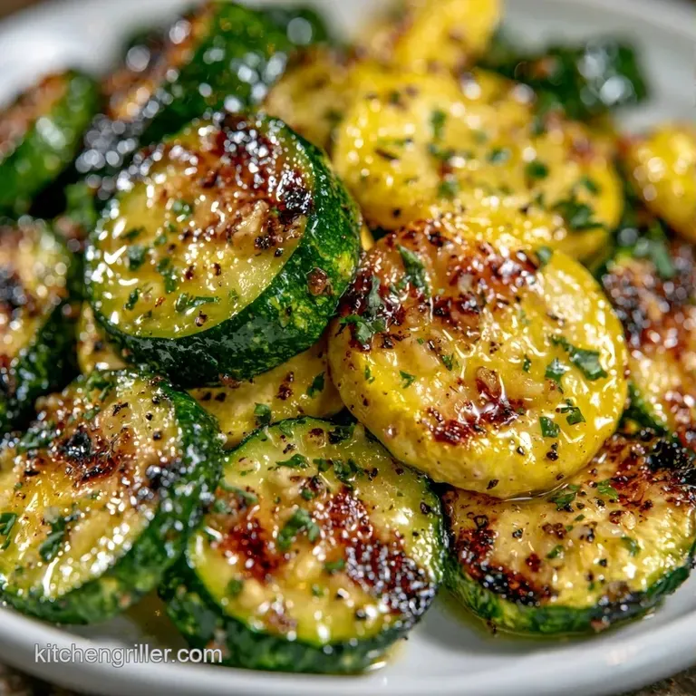 Sliced green zucchini with dark grill marks served in crinkled silver foil on a rustic wooden tabletop.