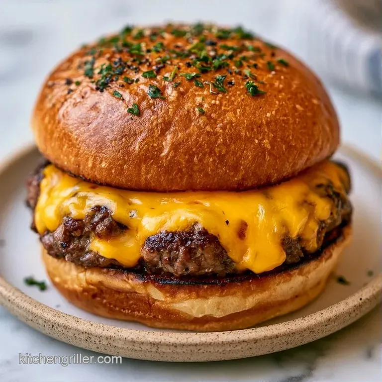 Thick beef patty on a rustic wooden board paired with golden crispy fries and a small bowl of creamy dipping sauce.