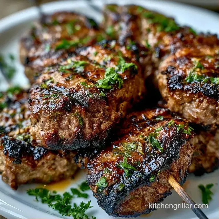 Three grilled skewers with charred meat and colorful vegetables arranged neatly on a clean white ceramic plate.