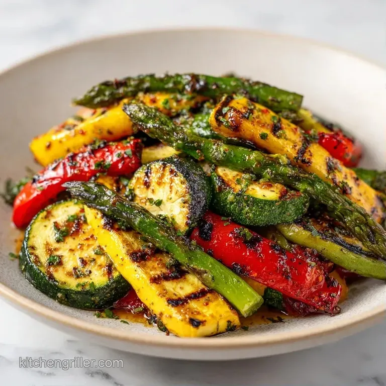 A colorful stack of charred zucchini, red bell peppers, and yellow squash garnished with fresh green parsley.