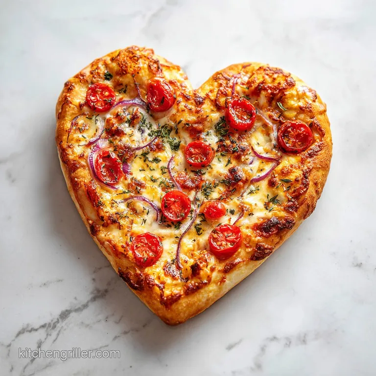 Elegant heart pizza slice on a plate with fresh basil, a drizzle of olive oil, showcasing golden crust and melted mozzarella.