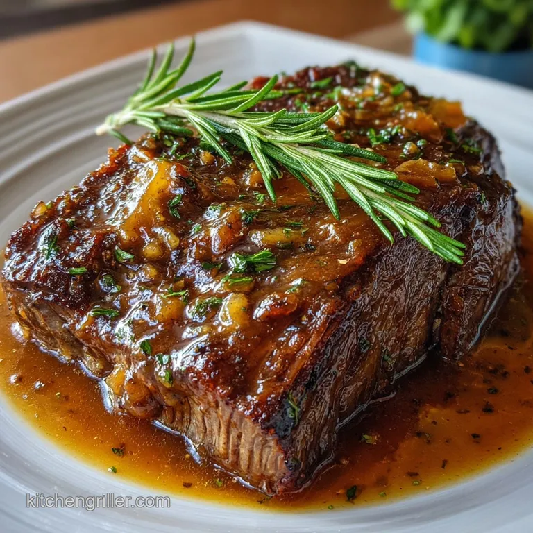 Sliced juicy beef on a white ceramic plate with glazed carrots and buttery mashed potatoes, topped with fresh parsley.