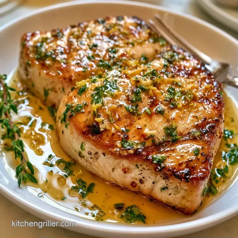 Seared white fish steaks with charred lines and bright yellow lemon wheels atop a bed of saut&eacute;ed garden greens.