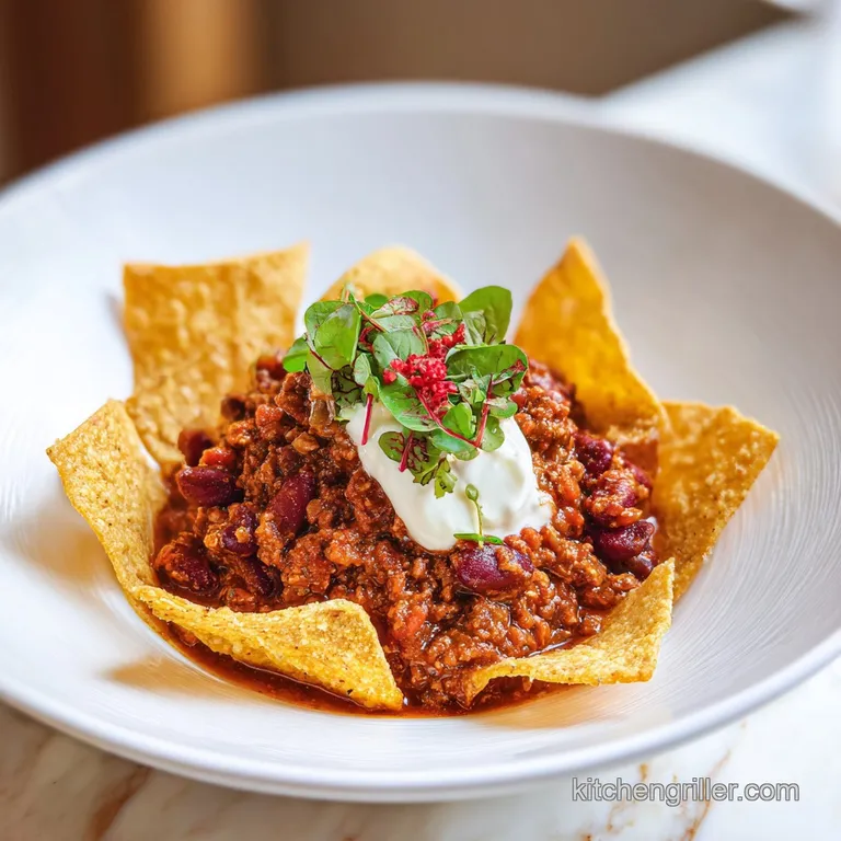 A rustic bowl of golden corn chips layered with hearty beef chili, melted cheese, and sliced green onions.
