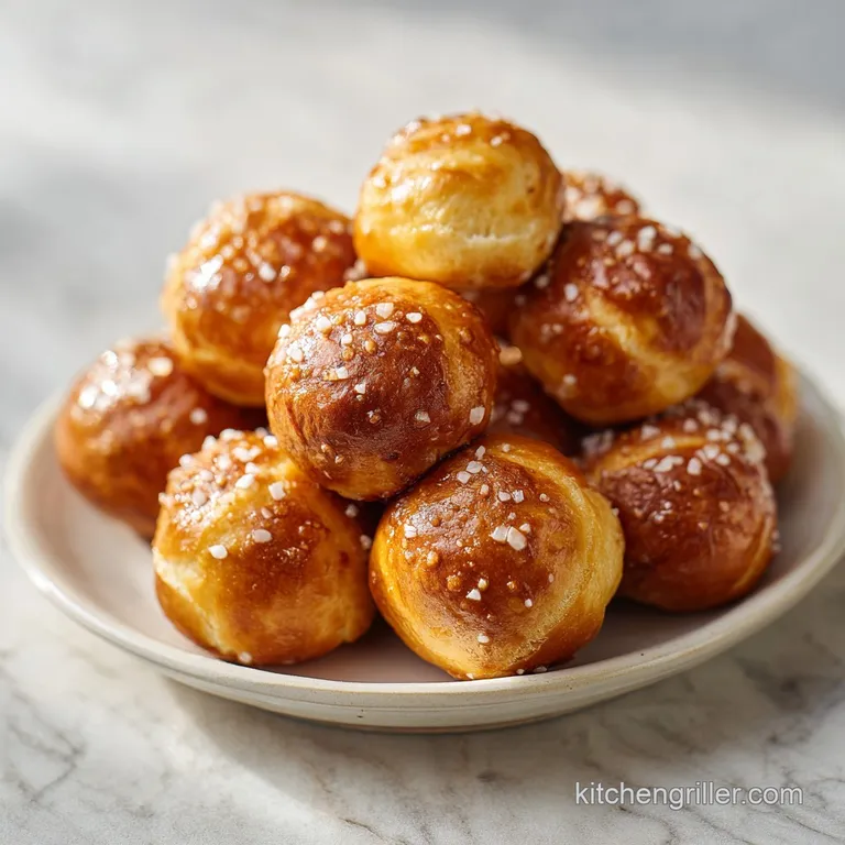 Warm pretzel bites stacked high, sprinkled with flaky sea salt, presented on a rustic ceramic plate.