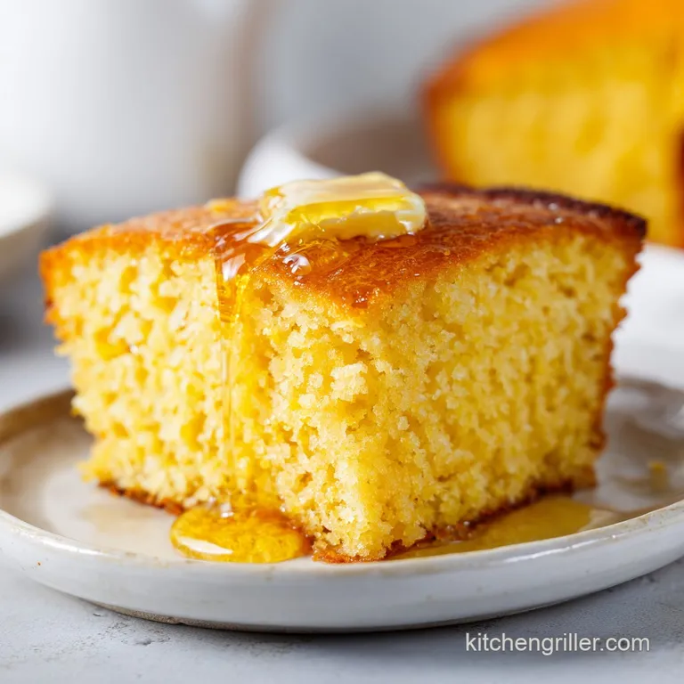 Square slice of yellow cornbread on a white ceramic plate, topped with a pat of melting butter and honey drizzle.