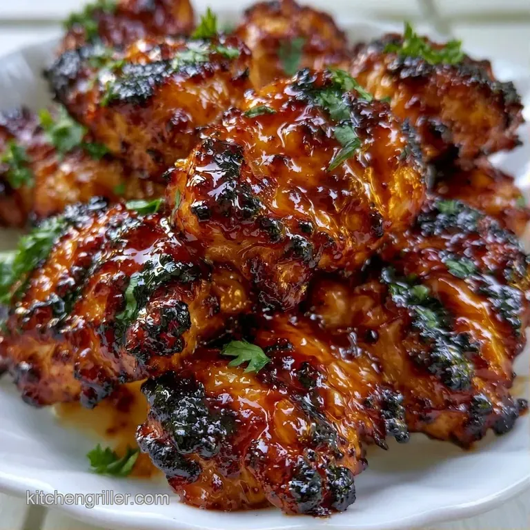 Three skewers of charred poultry and colorful vegetables resting on a white platter with a sprig of parsley.