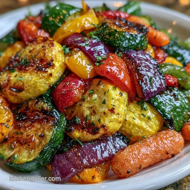 Vibrant slices of charred squash and peppers neatly arranged on a white ceramic plate with fresh parsley garnish.