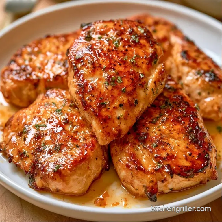 Seared chicken pieces arranged on a white plate with vibrant roasted carrots and a sprig of fresh parsley.