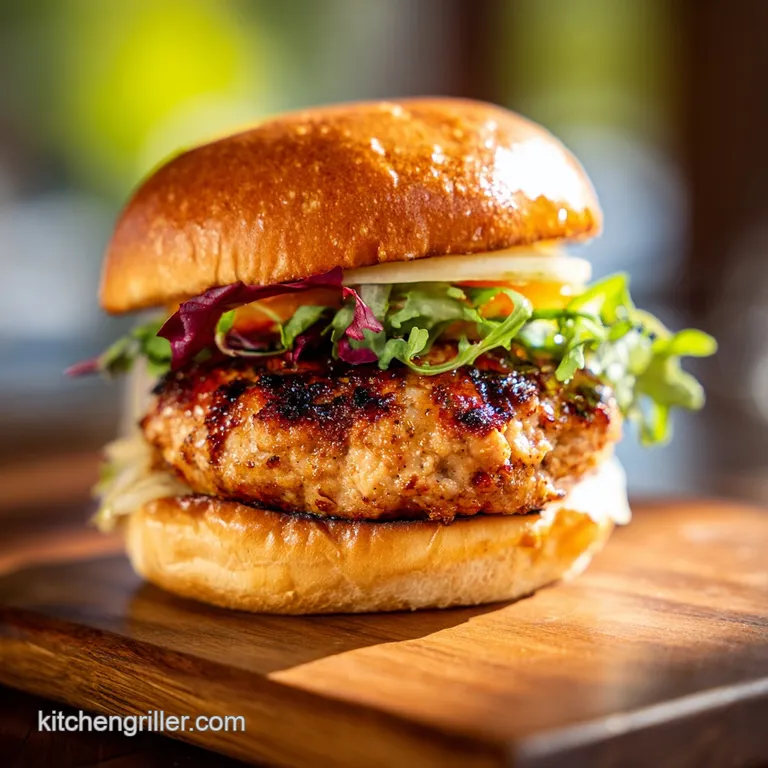 A juicy grilled turkey burger on a sesame seed bun with crisp lettuce, ripe tomato, and melted cheese, plated for a satisf...